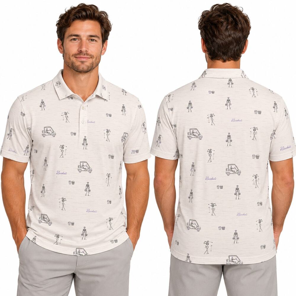TravisMathew Buckets Golf Polo Shirt Mens XL Skeleton Golf Cart Novelty Print